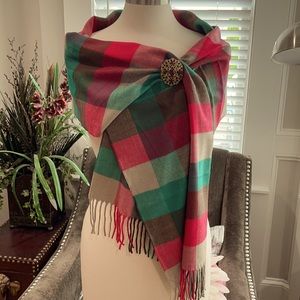 Green Pink Tan Brown cashmere feel beautiful shawl scarf, can wear many ways.